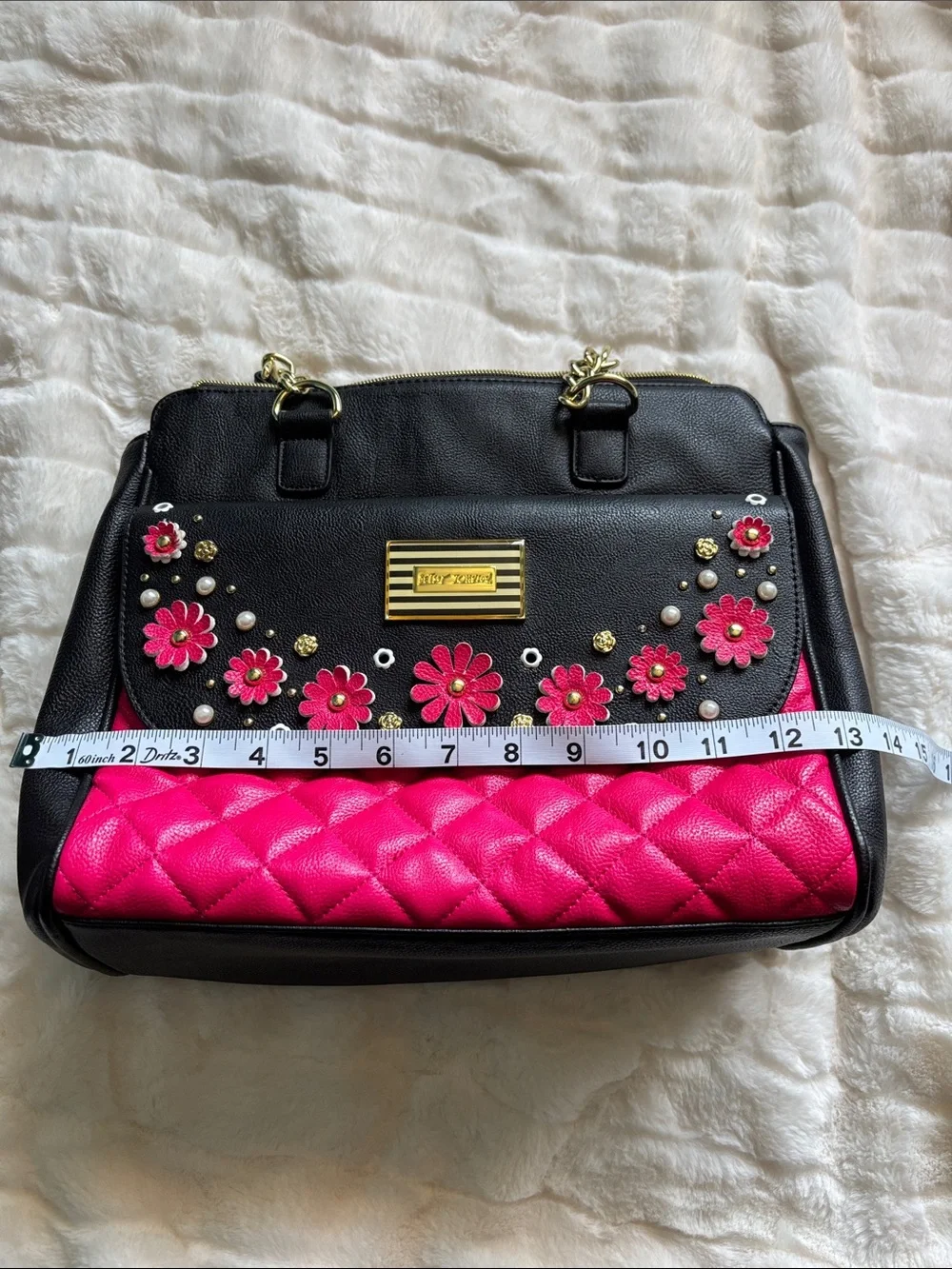 Betsey Johnson Black & Hot Pink Floral Appliqué Satchel